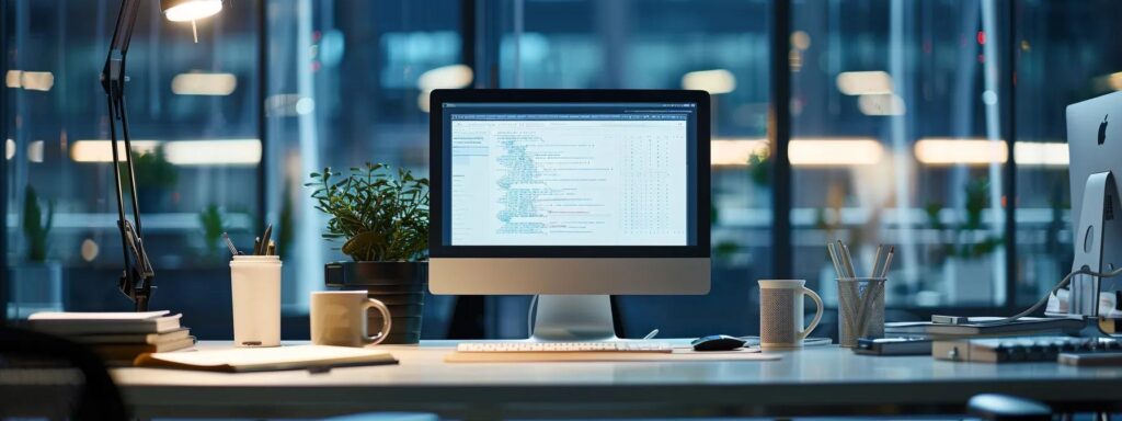 a modern office workspace featuring a sleek computer screen displaying an online portal interface for document submission, surrounded by documents in various formats, accentuating the seamless translation process from hebrew to english.