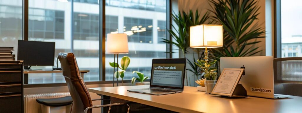 a professional office workspace features a sleek modern desk adorned with a laptop displaying farsi to english translation software, documents neatly organized, and an illuminated sign indicating "certified translations" in a sharp, contemporary setting.