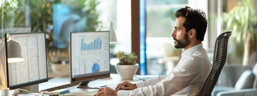 a sleek, modern office environment captures a focused professional engaged in translating documents, surrounded by digital tools and displays showcasing hebrew and english text, emphasizing efficiency and expertise in naati-certified translations.