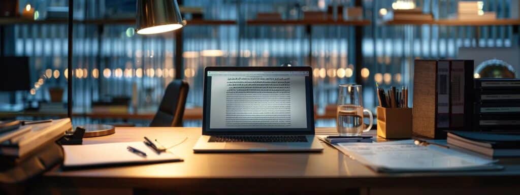 a sleek, modern office workspace features an open laptop showcasing a certified farsi to english translation document, surrounded by legal and immigration files, illuminated by warm indoor lighting that emphasizes professionalism and clarity.