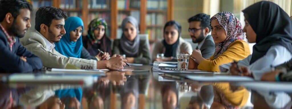 a close-up shot of a diverse group of multilingual individuals engaging in a focused discussion around a polished conference table, surrounded by language reference books and digital translation tools, emphasizing the intricacies of the rohingya language dialects and their cultural significance.