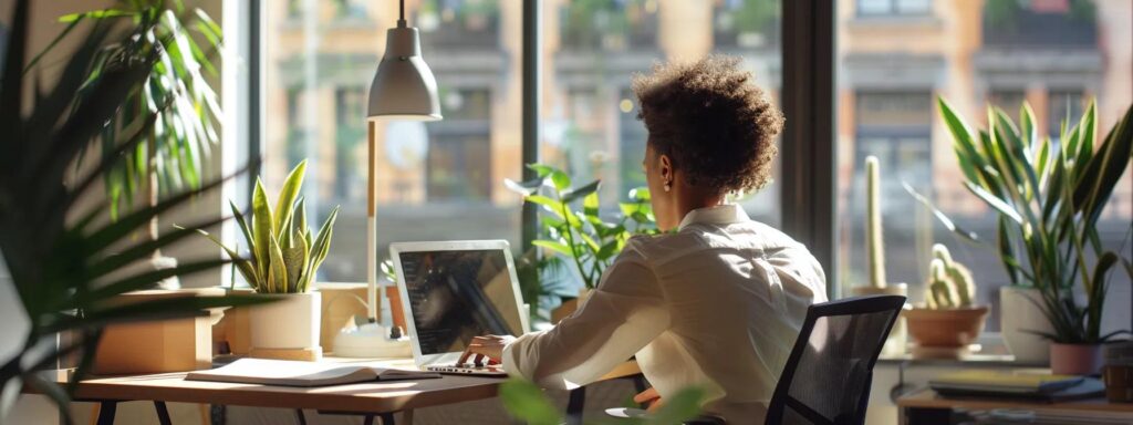 a determined individual sits at a modern desk, surrounded by a laptop, notepad, and vibrant uber eats branding, intently navigating an application process for becoming a driver in a bustling urban office setting.