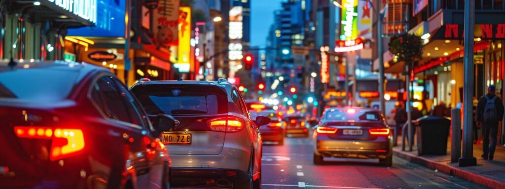 a dynamic urban street scene showcases a focused uber eats driver efficiently navigating through bustling city traffic, with vibrant restaurant signs illuminating the background, emphasizing the fast-paced delivery experience in australia.