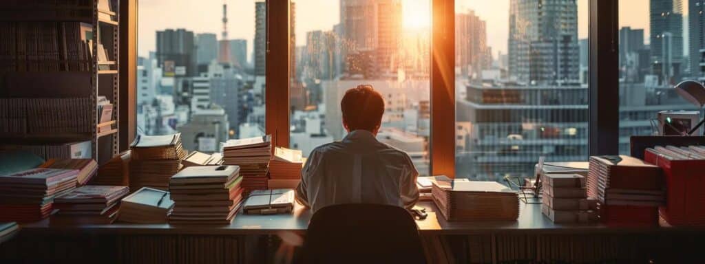a focused and determined individual sits at a sleek office desk, surrounded by stacks of language textbooks and certification materials, intently studying for the rigorous naati-certification exams, with a modern city skyline visible through the large window behind them.