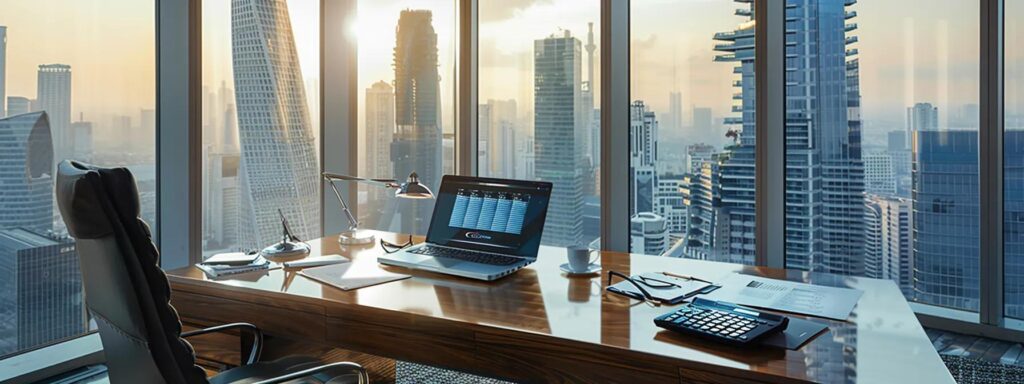 a focused interior shot of a modern office space featuring a sleek desk with translation documents and a laptop displaying a digital calculator, emphasizing the complexity of naati certified translation costs amid a backdrop of city skyscrapers through the window.