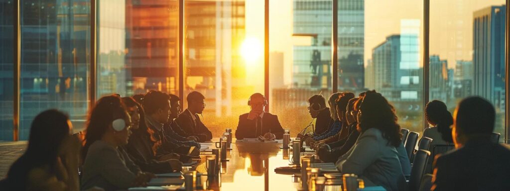 a focused meeting room filled with diverse professionals engaged in a dynamic discussion, with a rohingya interpreter at the forefront using a headset, capturing the essence of real-time translation in a high-stakes corporate environment.