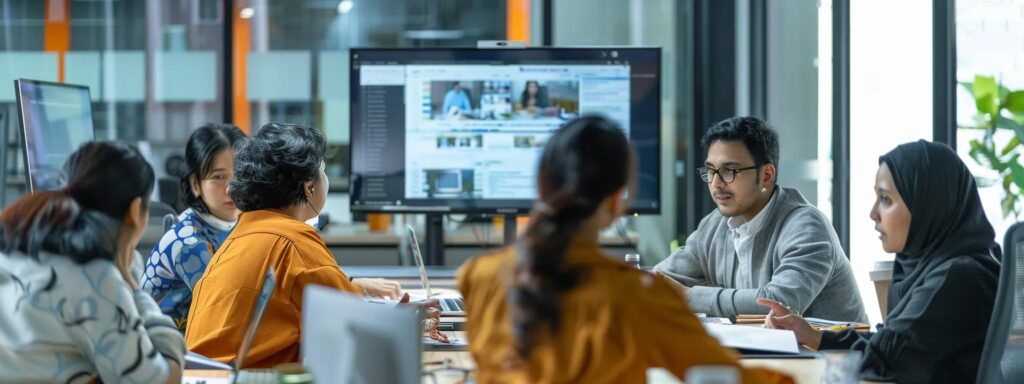 a focused office environment showcases a diverse team of naati-certified translators engaged in a collaborative discussion, surrounded by documents and digital screens that highlight the complexities of accurately translating rohingya texts.