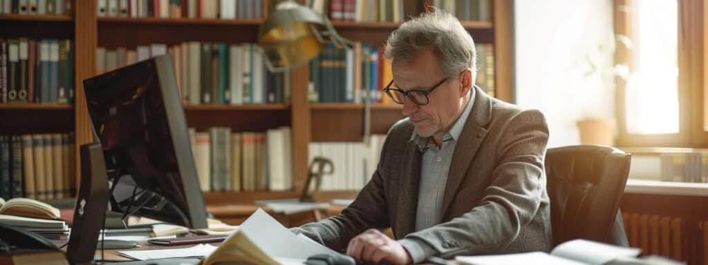 a focused office environment showcases a naati-certified translator meticulously reviewing official russian documents, surrounded by legal books and a sleek computer, emphasizing precision and professionalism in translation services.
