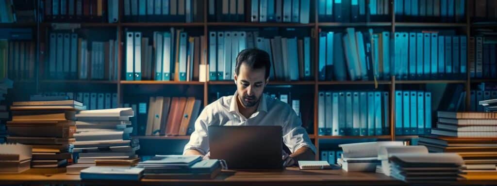 a focused office environment features a professional translator analyzing complex documents on a laptop, surrounded by stacks of reference materials, emphasizing the intricacies of translation pricing factors.