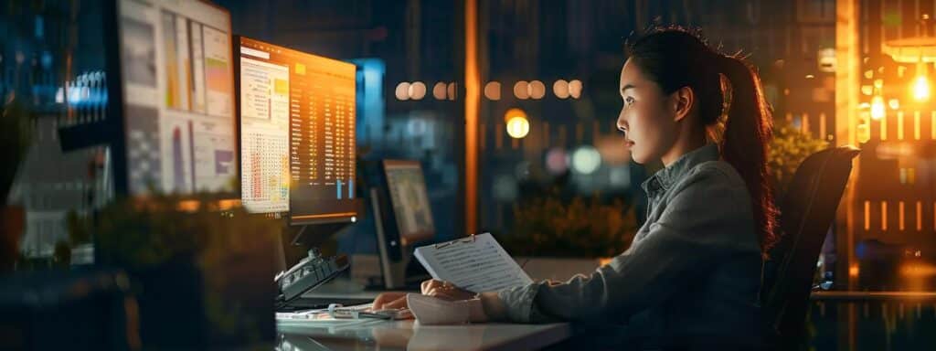 a focused office scene depicts a professional workspace with a naati-certified translator intently reviewing documents, surrounded by translation guides and a computer displaying text in multiple languages, illuminated by warm, ambient lighting to emphasize the meticulous translation process.