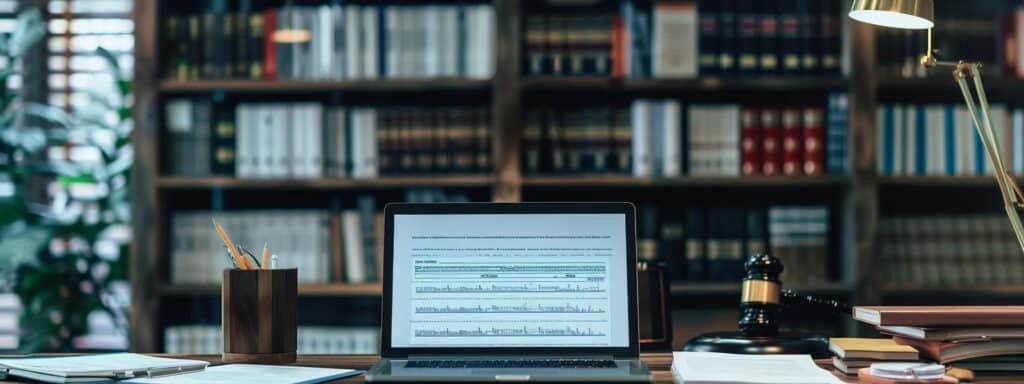 a focused office setting features an open laptop displaying a marriage certificate translation software interface, surrounded by highlighted legal documents and professional reference books, emphasizing the theme of document translation.