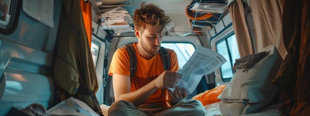 a focused portrait captures a german backpacker seated in a brightly lit van in australia, surrounded by neatly arranged official documents, while reviewing the essential naati certified translations required for their legal matters.