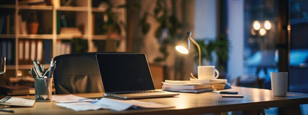 a focused shot of a modern office workspace featuring a sleek laptop and documents scattered on a minimalist desk, illuminated by soft artificial lighting, capturing the essence of the straightforward application process to become an uber eats driver in australia.
