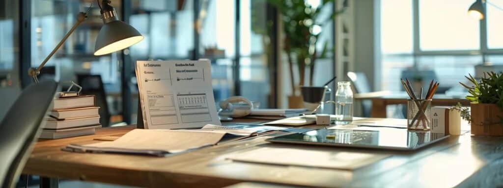 a meticulously organized office desk displays clearly labeled documents, high-resolution scans on a digital tablet, and highlighted sections, all set against a sleek modern backdrop, symbolizing the preparation process for naati-certified rohingya translation.