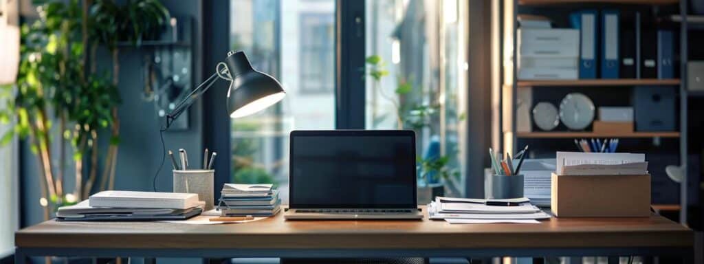 a modern office environment showcases a sleek desk with an open laptop displaying translated documents alongside a stack of papers, emphasizing the professional and systematic approach to naati-certified document translation services.
