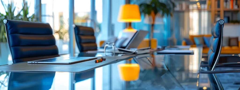 a modern office setting features a polished, sleek conference table with a high-tech laptop and colorful brochures showcasing naati-certified russian translation services, emphasizing professionalism and clarity in the translation industry.
