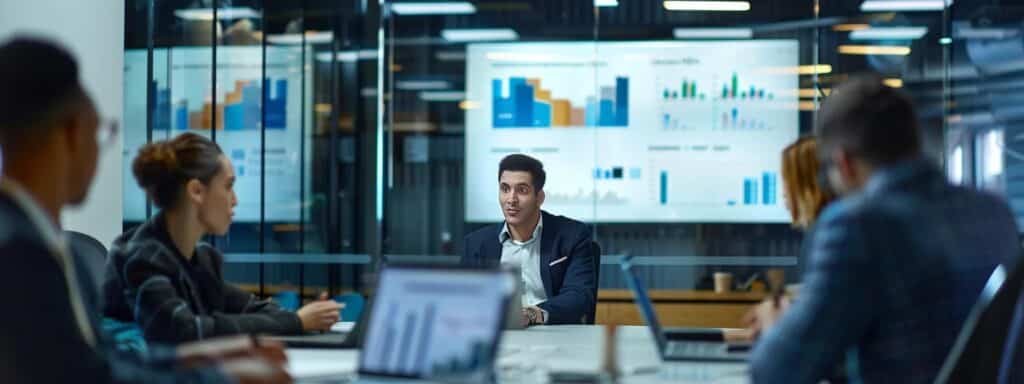 a professional office setting features a confident naati-certified translator engaged in a focused discussion with clients, surrounded by official documents and a digital display showcasing translation services, emphasizing accuracy, trust, and cultural sensitivity.
