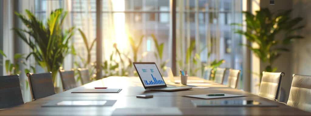 a professional office setting features a sleek conference table adorned with comprehensive documents and a laptop displaying a translation workflow, emphasizing the detailed process of naati-certified translations from farsi to english.