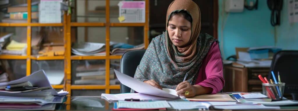 a professional rohingya translator is intently focused at a sleek office desk, surrounded by certification documents and language resources, symbolizing the importance of naati certification in ensuring accurate and culturally sensitive translations for legal and immigration purposes.