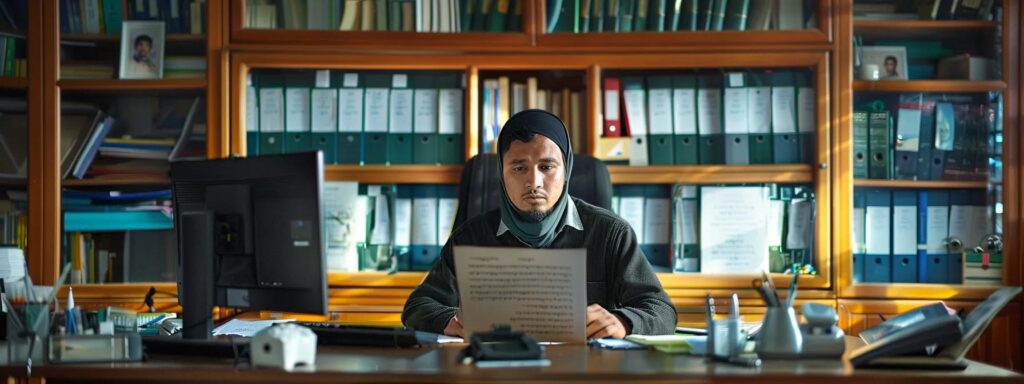 a professional translator sits at a sleek office desk, focused intently on a computer screen displaying a rohingya text document, surrounded by neatly arranged translation resources and a certified naati certificate prominently framed in the background.