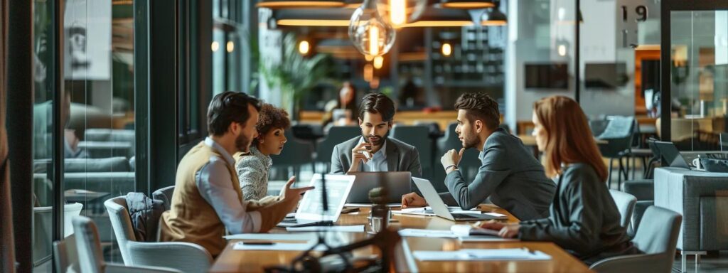 a sleek, modern office environment showcases a diverse group of professionals engaged in a focused discussion around a table strewn with translated documents and laptops, highlighting the importance of certified translation services for legal documents.