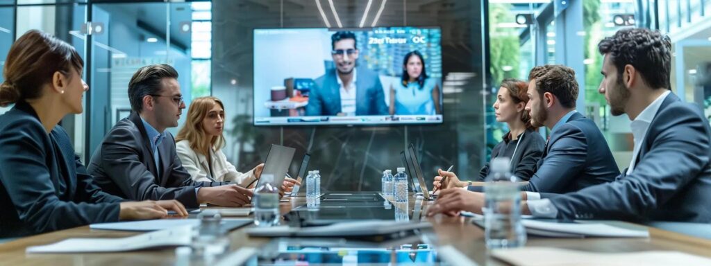 a sleek, modern office setting featuring a diverse group of professionals engaged in a collaborative meeting, surrounded by translation documents and digital devices highlighting the search for accredited farsi to english naati translators.