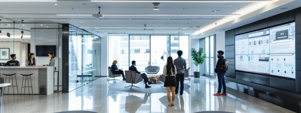 a sleek, modern office setting features a diverse group of professionals engaged in a dynamic verification process, with a large screen displaying the naati official directory and certification details, illuminated by bright, focused overhead lighting.