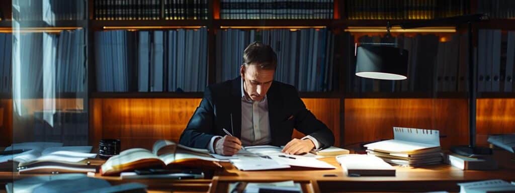 a sleek, modern office environment showcasing a professional russian translator at work, surrounded by an array of complex legal documents and multilingual dictionaries, illuminated by crisp, focused lighting to emphasize their expertise and the intricate nature of their work.