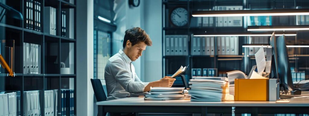 a sleek, modern office space showcases a focused professional analyzing a stack of complex documents, with a digital clock prominently displaying the countdown for urgent russian translation projects, highlighting the critical balance of time and cost in translation services.