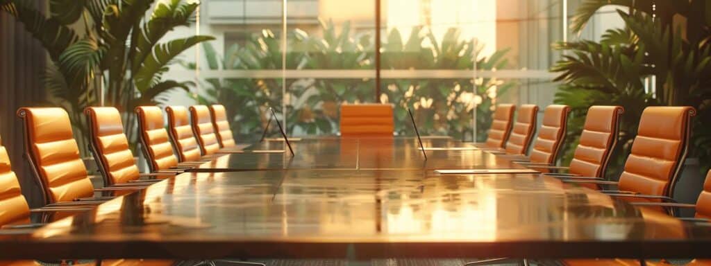 a sleek office conference room showcases a large, polished table surrounded by chairs, with a backdrop of diverse marriage certificates in multiple languages elegantly displayed on the walls, highlighting the multicultural aspect of document translation in western australia.