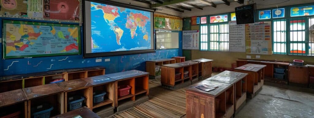 a vibrant classroom setting filled with engaged learners, diverse educational materials, and a large world map highlighting the rohingya region, emphasizing the immersive resources available for studying the rohingya language and culture.