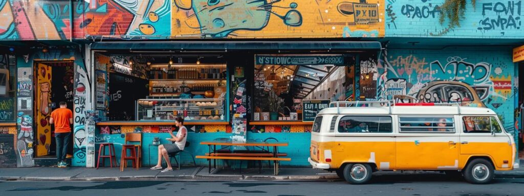 a vibrant scene captures a german backpacker in a lively australian urban area, parked next to a colorful van, engaged in a discussion about naati german to english translation certification, with a backdrop of bustling cafes and street art.