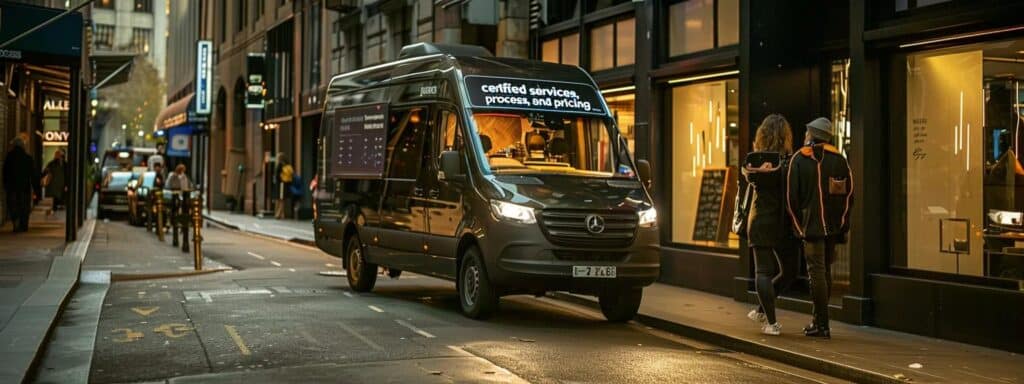a vibrant urban scene captures a german backpacker navigating a sleek, modern van parked beside an australian café, showcasing a digital tablet displaying a translation guide labeled "certified services, process, and pricing" while the city buzzes around them.