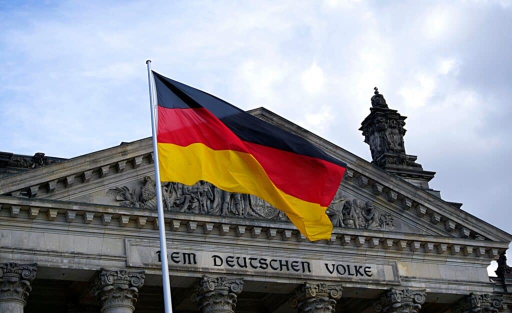 German flag in front of building